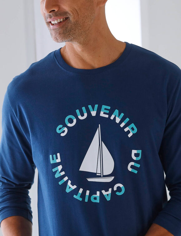 Pyjama-T-shirt met lange mouwen en bootmotief (marine / aqua)