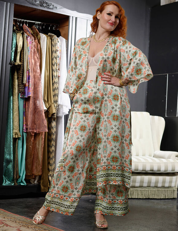 Pantalon large fluide imprimé « Roubaix Nostalgie » - Marilyn Feltz  (vert d'eau / corail)