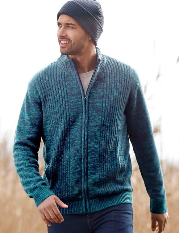 Gilet col montant zippé en tricot, corps doublé polaire (bleu canard mouliné)