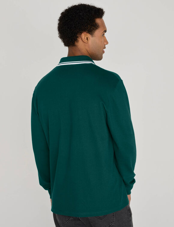 Polo uni maille piqu&eacute;e manches longues (vert sapin)