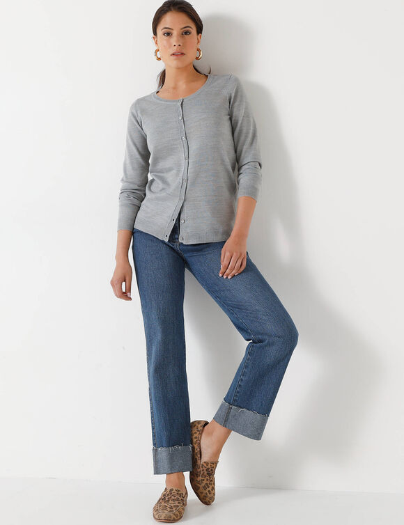 Cardigan boutonné col rond uni, toucher doux (gris chiné)