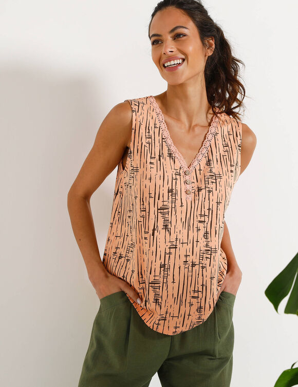 D&eacute;bardeur imprim&eacute;, col V macram&eacute; (p&ecirc;che / chocolat)