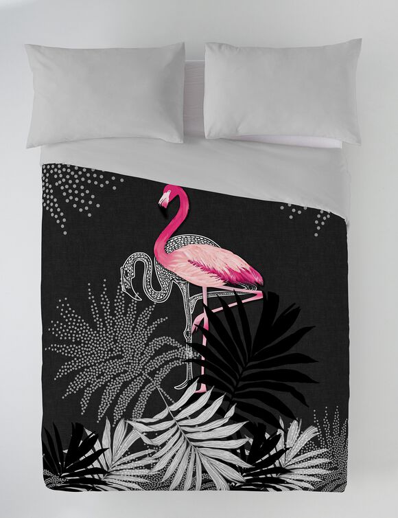 Dekbed in polyester met roze flamingo print, 200g/m2 (zwart / roze)