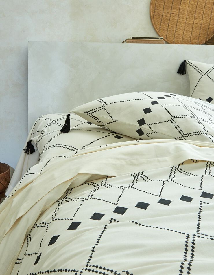 Linge de lit Massai coton à motifs graphiques et finitions pompons (écru)