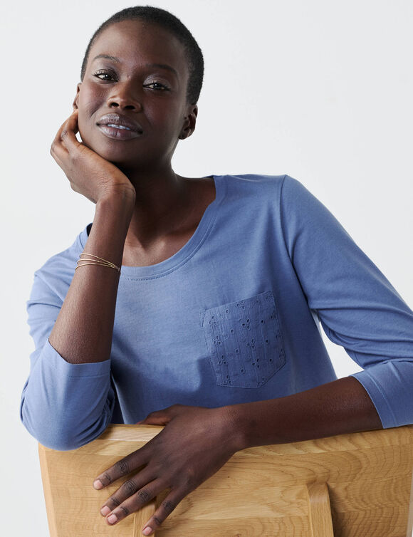 T-shirt col rond manches 3/4, broderie anglaise  (bleu jean)