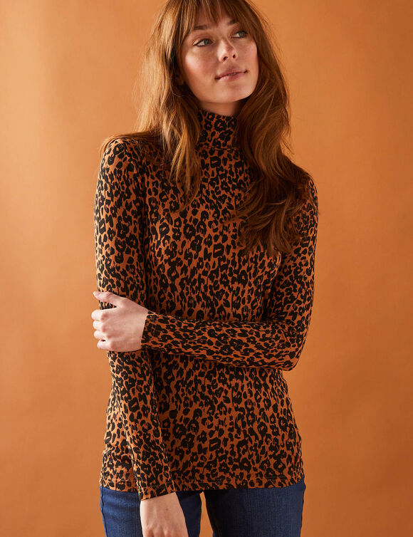 Sous-pull col roulé imprimé peau de bête, stretch (caramel / noir)