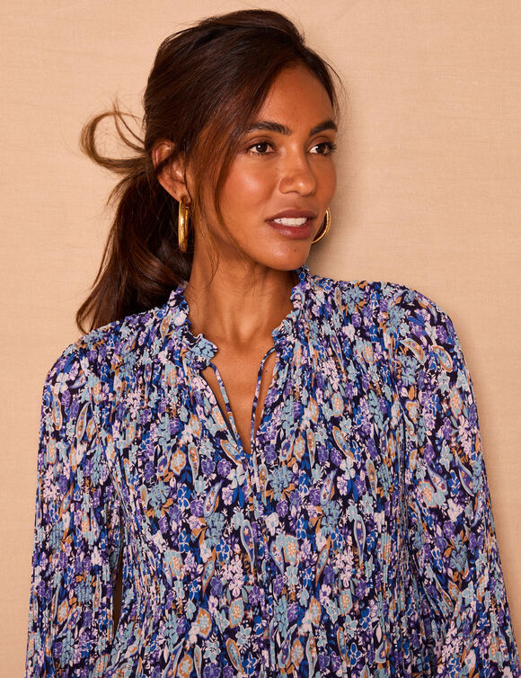 Blouse plissée imprimé fleuri, voile (marine / bleu)