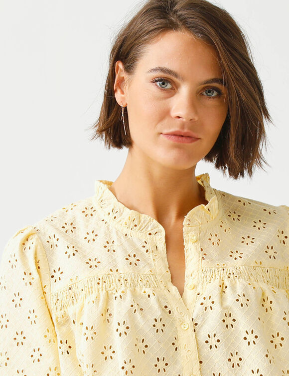 Chemisier broderie anglaise, smocks et col volant&eacute; (jaune)