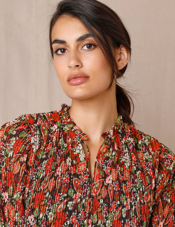 Blouse plissée imprimé fleuri, voile (chocolat / corail)