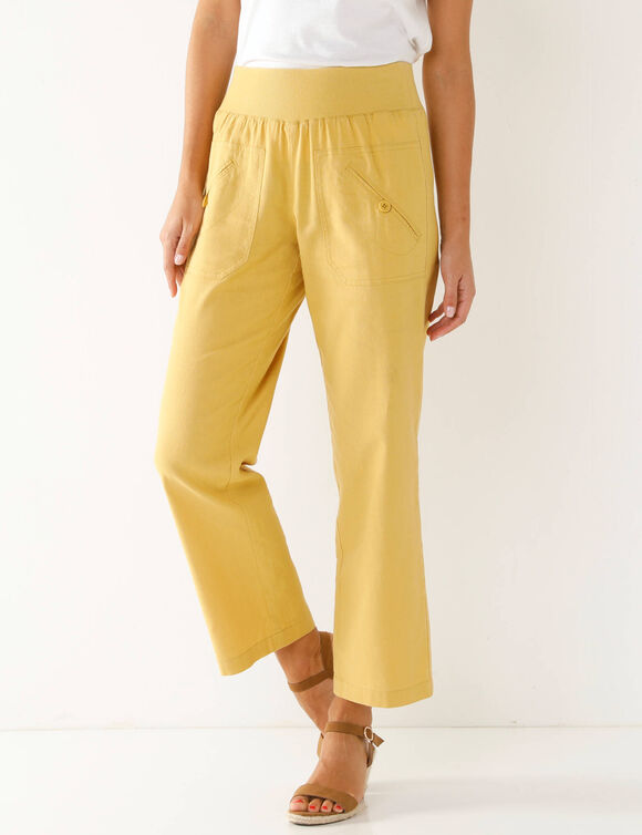 Pantalon coupe droite 7/8ème taille élastiquée, lin coton (ocre)