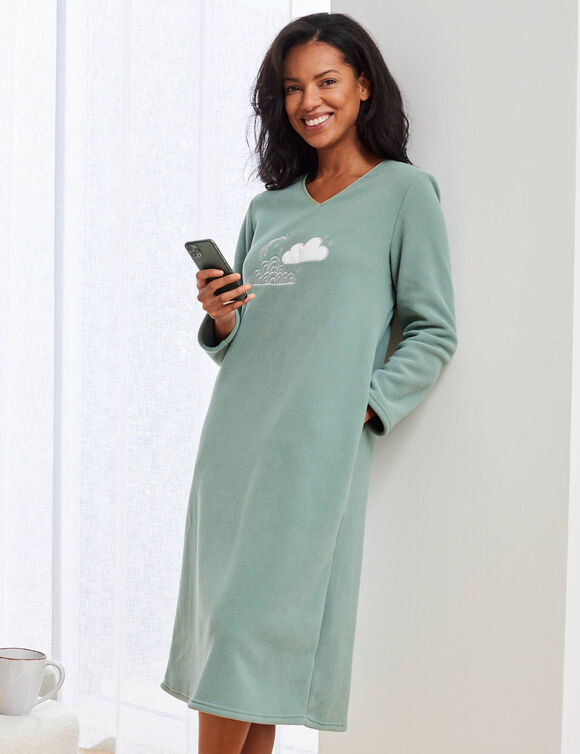 Chemise de nuit longue nuages en micro-polaire (kaki)