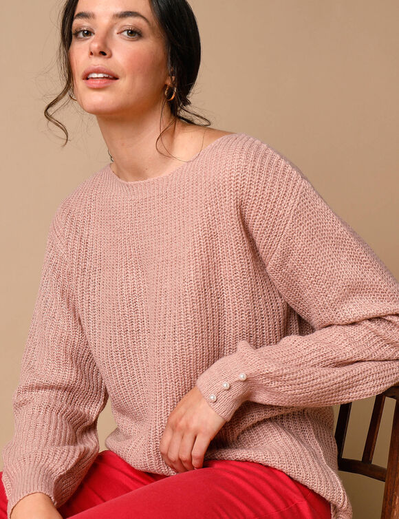 Pull col bateau, maille anglaise toucher doux (rose poudré)