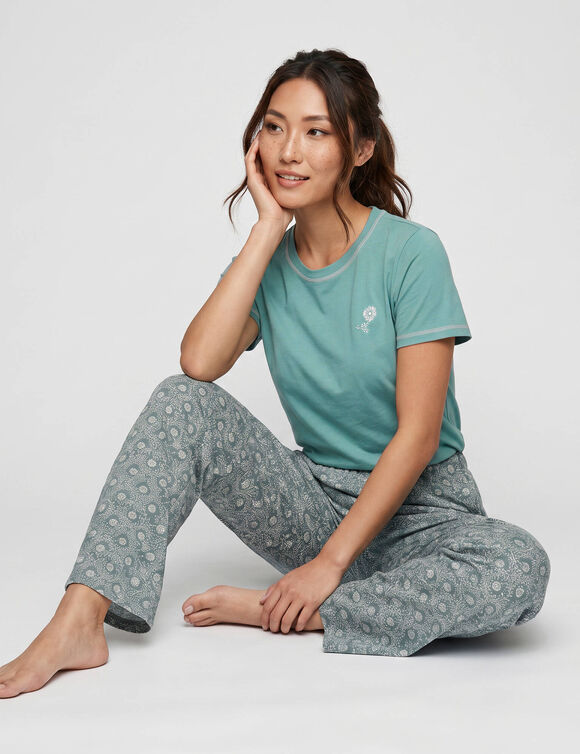 Pantalon pyjama fleuri &laquo;charme botanique&raquo; (vert / &eacute;cru)
