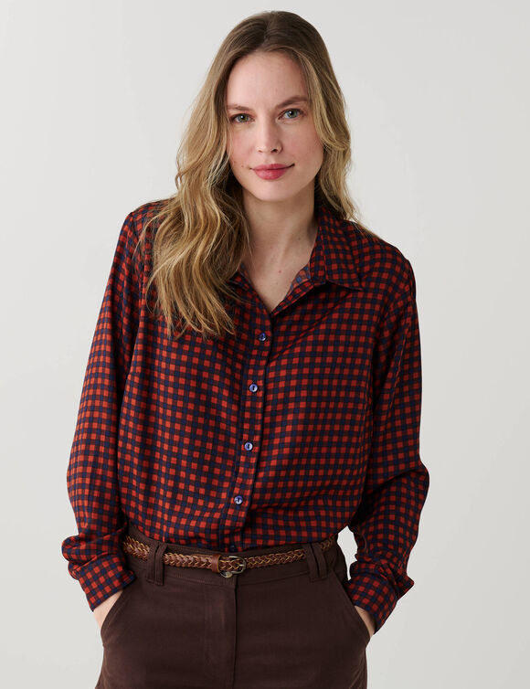 Blouse met knopen en een bedrukte print met kleine ruiten (marine / karamel)
