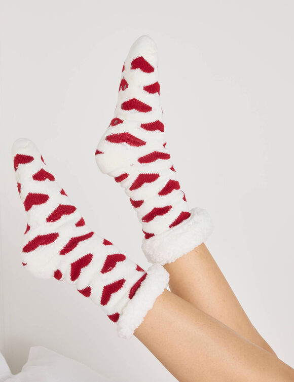 Sokken met nepbont en hartjesmotief - het paar (ecru / rood)