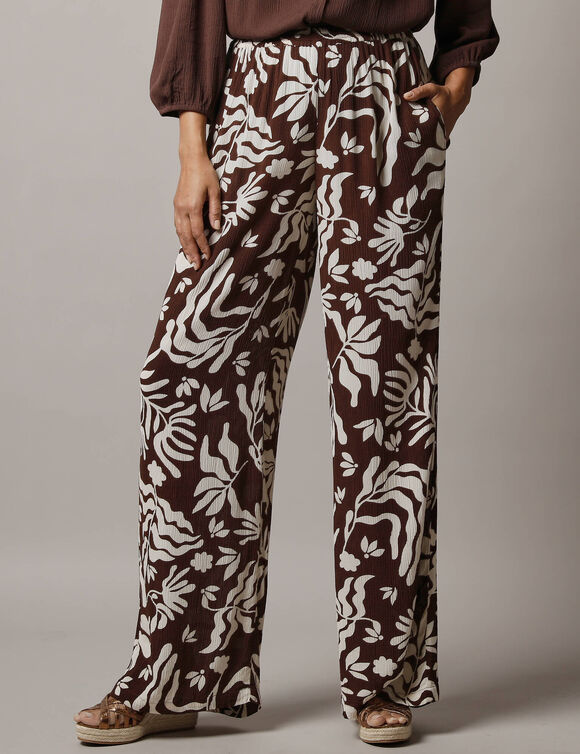 Pantalon large imprim&eacute; en cr&eacute;pon (chocolat / &eacute;cru)