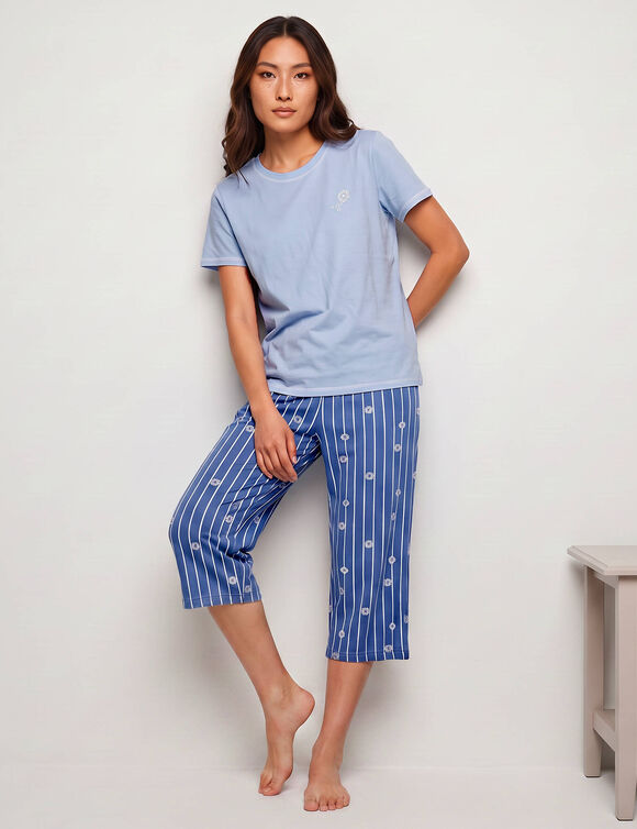 Pantacourt pyjama ray&eacute; &laquo;charme botanique&raquo; (bleu / &eacute;cru)