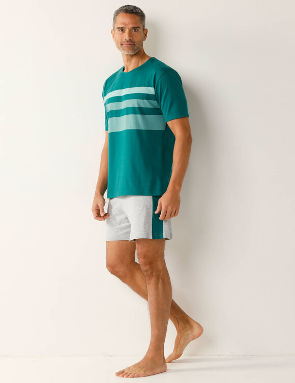 Pyjama short coton rayures placées col rond (vert / gris)