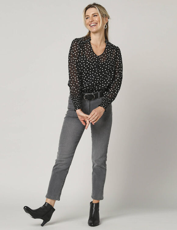 Blouse boutonnée voile à pois manches longues (noir / écru)