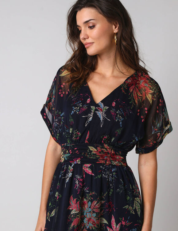 Robe longue col V, voile imprim&eacute; floral (marine / veelkleurig)