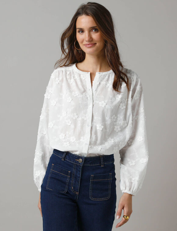 Effen blouse met 3D-borduursels (wit)