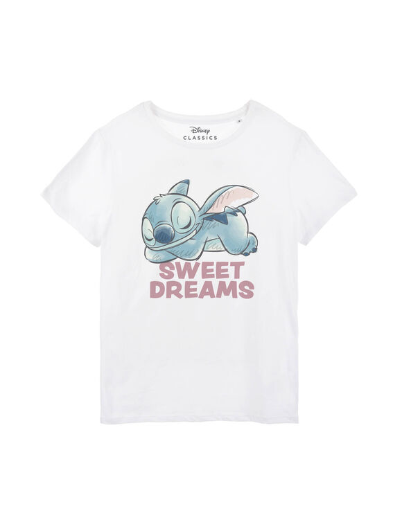 Haut de pyjama femme coton manches courtes imprimé placé Stitch "sweet dreams" (blanc)