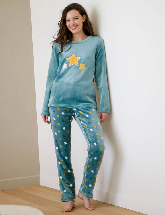 Pyjamabroek met fleece met &bdquo;sterren&ldquo;, voelt aan als pluche (grijsblauw)