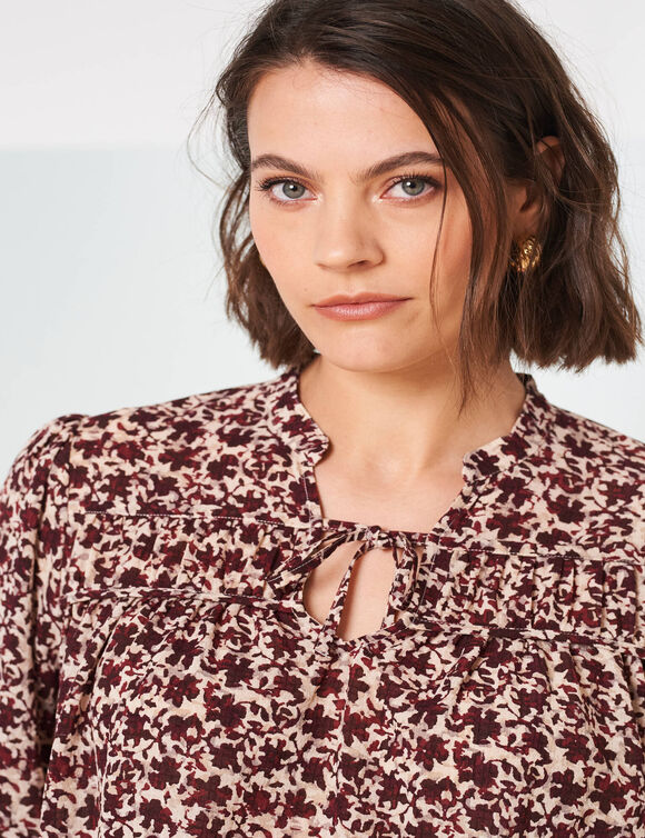 Blouse imprimée, détails nouettes (beige / bordeaux)