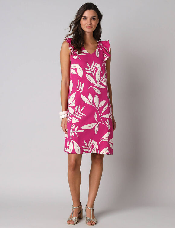 Robe courte col V imprim&eacute; feuillage, &agrave; mancherons volant&eacute;s (roze / ecru)