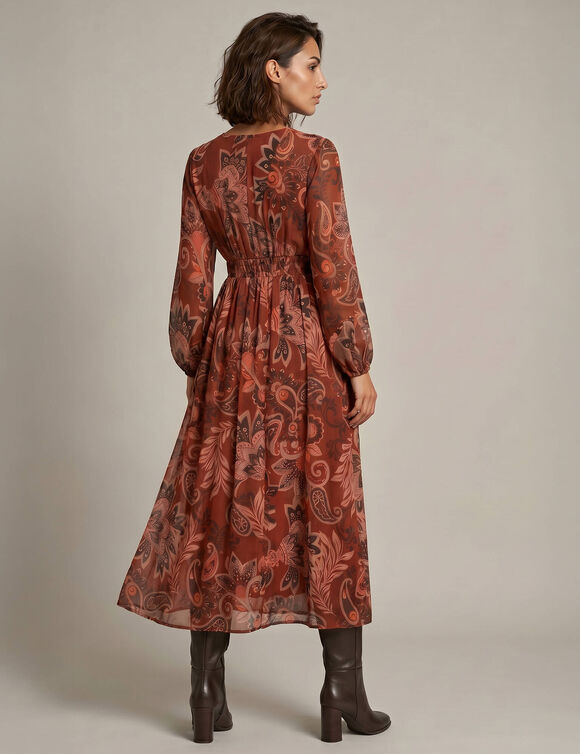 Robe longue col V, voile imprim&eacute; fleurs indiennes XXL (bordeaux)