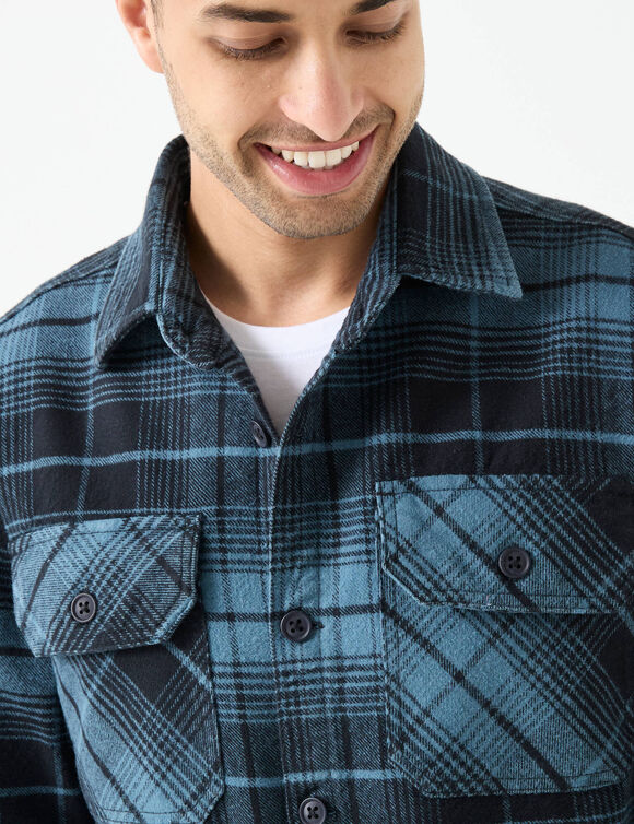 Surchemise boutonnée flanelle carreaux qualité lourde (bleu / noir)