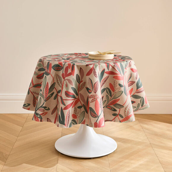 Bedrukt tafellaken met herfstprint en waterafstotende coating (groen / terracotta)