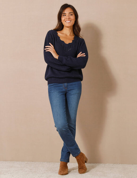Pull détails ajourés, maille perlée (marine)