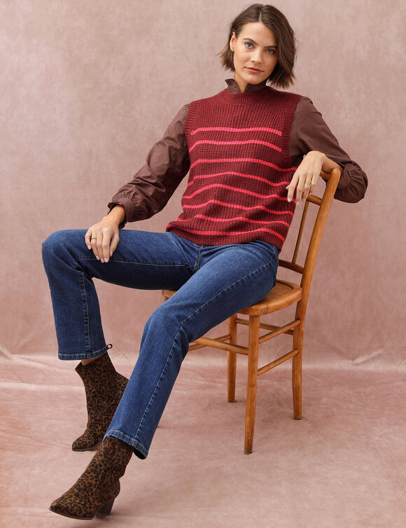 Pull sans manches ray&eacute;, maille anglaise (bordeaux / rose)