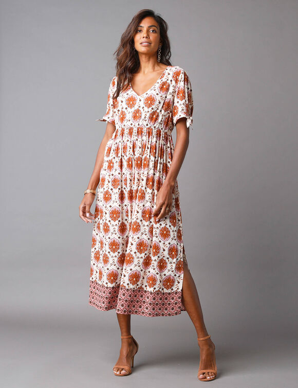Robe longue imprimée, mancherons à nouer (beige / caramel)