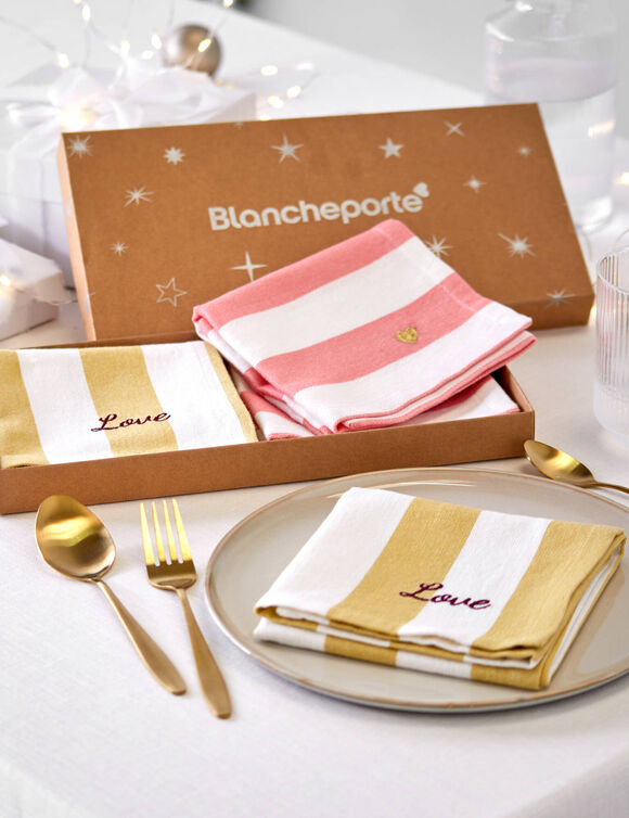 Box met 4 katoenen servetten, geborduurd (roze + geel)