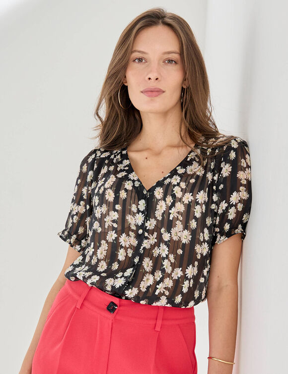 Chemisier manches blousantes imprim&eacute; floral, voile jacquard (noir / &eacute;cru)