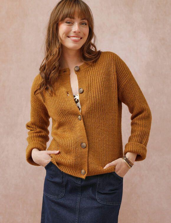 Cardigan boutonné maille anglaise manches longues (havane chiné)