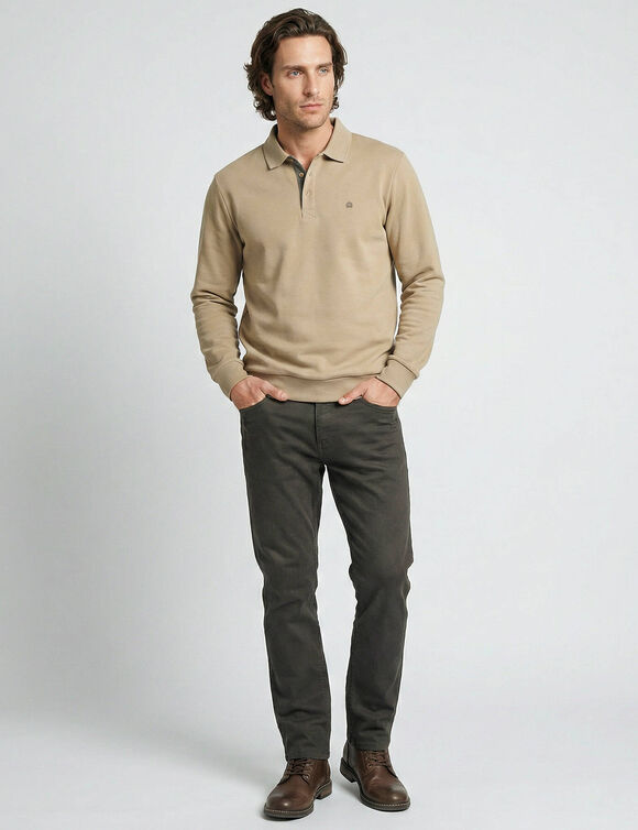 Sweat chaud col polo brod&eacute; poitrine maille c&ocirc;tel&eacute;e (beige)