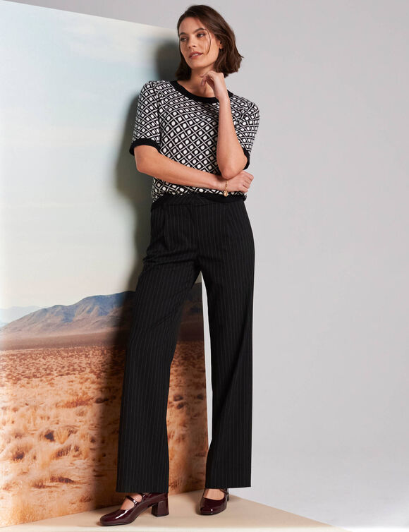Pantalon large, imprimé rayé (noir)