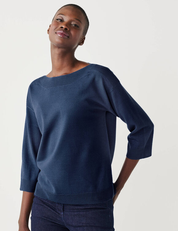 Pull col bateau manches 3/4, toucher doux (marine)