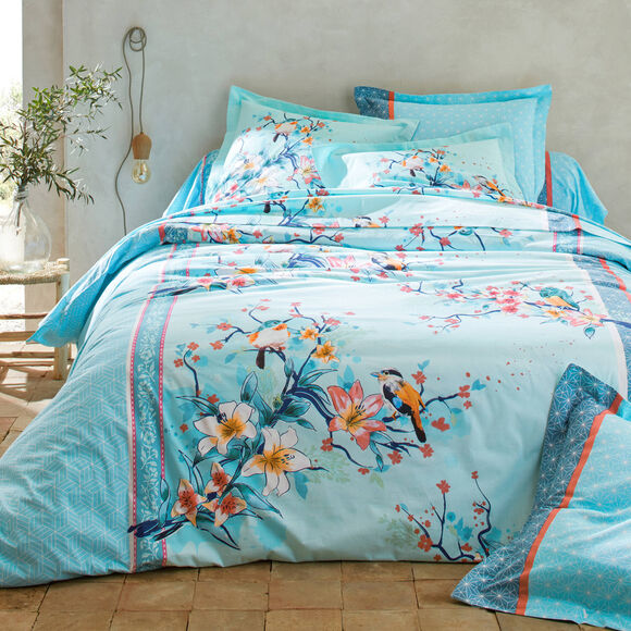 Linge de lit Birdy en coton imprim&eacute; oiseaux (lagon)