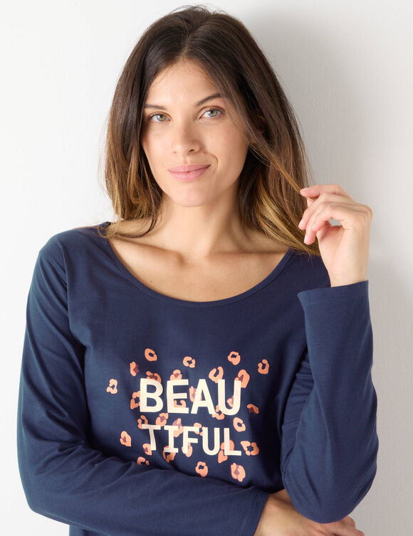 T-shirt met lange mouwen in effen katoen geplaatste "Beautiful" print (marineblauw)