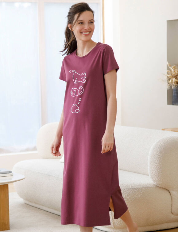 Lange nachthemd met korte mouwen, met kattenprint &ndash; set van 2 (pruim + roze)