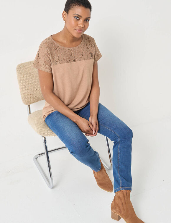 T-shirt manches courtes dentelle (noisette chiné)
