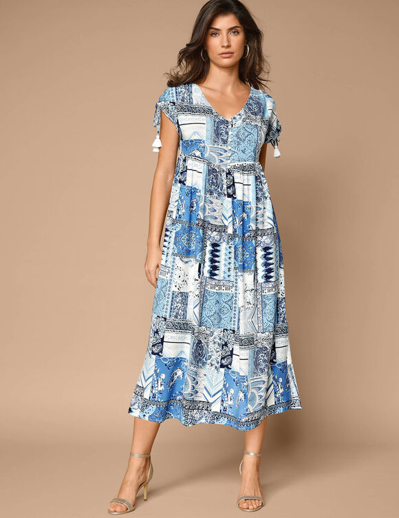 Robe mi-longue imprim&eacute;e, manches courte (bleu / blanc)