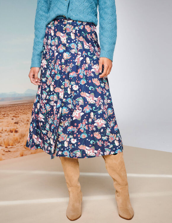 Jupe boutonnée imprimée (bleu nuit / rose)