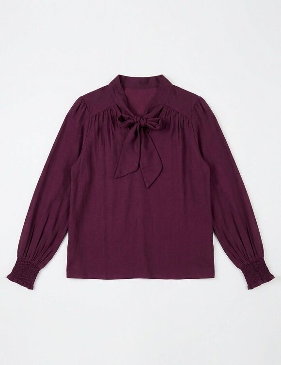 Blouse &agrave; lavalli&egrave;re, manches longues, unie (bordeaux)