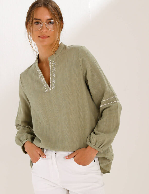 Geborduurde tuniek, Tunesische hals (amandel groen / ecru)