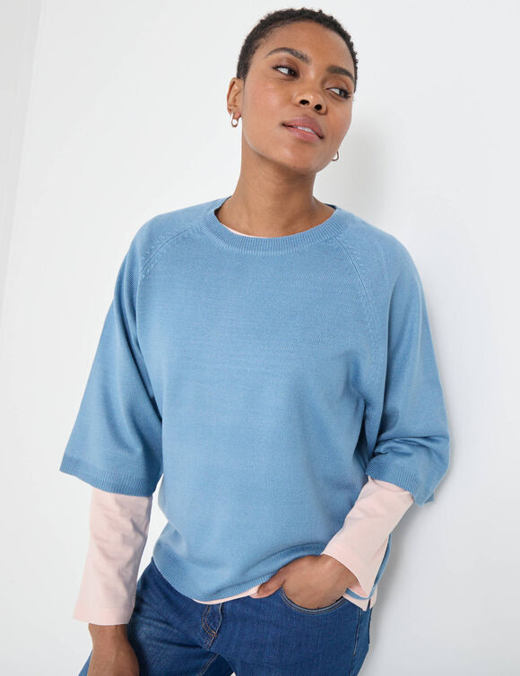 Pull loose manches coudes, toucher doux (bleu grisé)